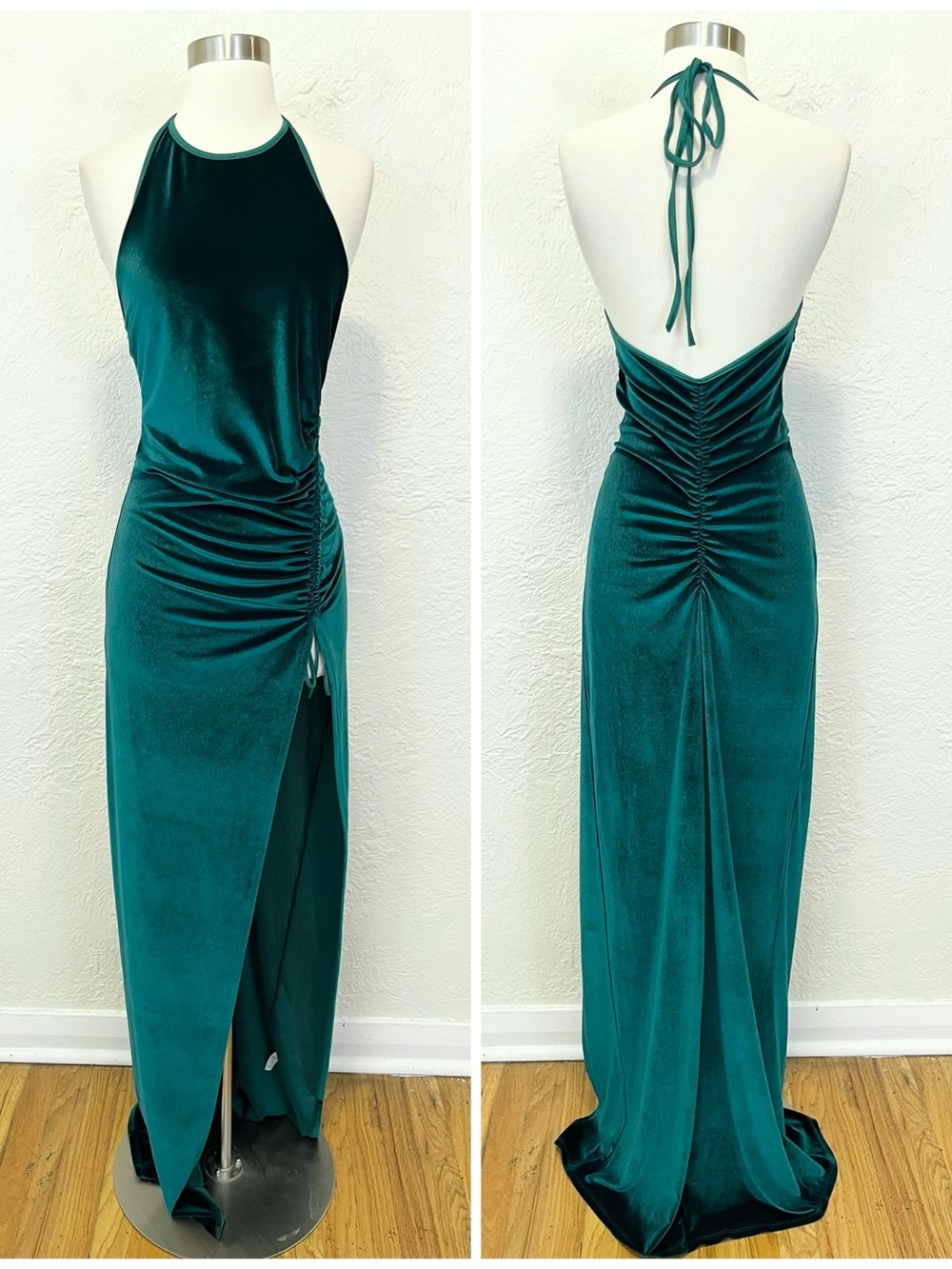 Lucy In The Sky Maxi Dress Velvet Emerald Green Halter Ruched Medium M